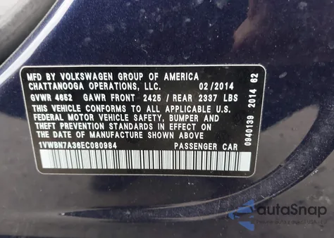 2014 Volkswagen Passat 2.0L Tdi Se из США, поврежденный, VIN 1VWBN7A36EC080984